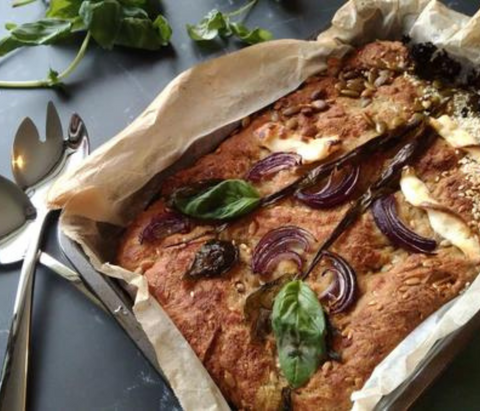 A recipe for Garden Focaccia using No Guilt Bake's Multiseed Bread Mix