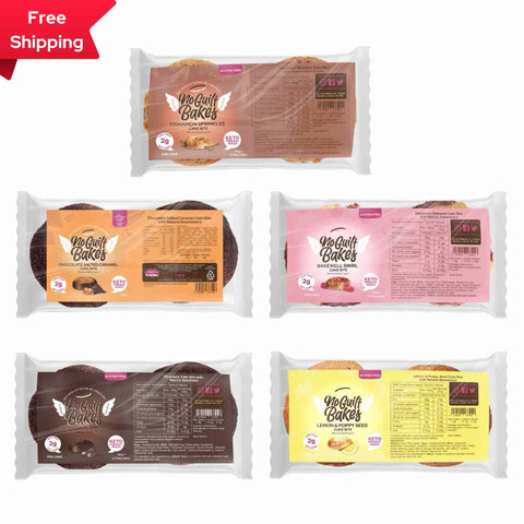 Four packages of Keto Cake Bites with free shipping available as a Variety Pack from No Guilt Bakes.