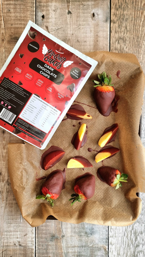 Belgian Bakestable Dark Chocolate Chips on a baking sheet for those with dietary goals, brought to you by No Guilt Bakes.