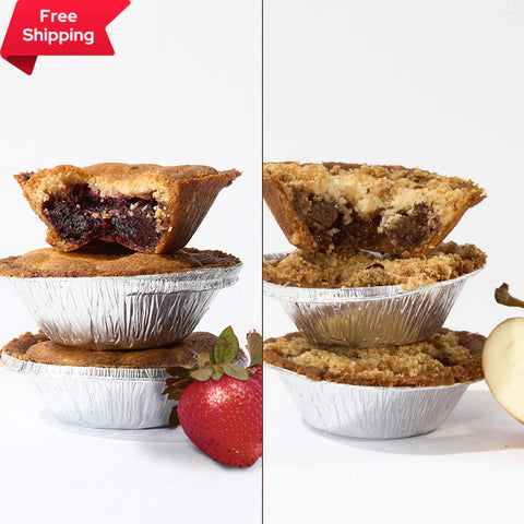 Two stacks of No Guilt Bakes' Low Carb Tart Bundle with crumbly crusts. The left stack features a berry filling, while the right showcases a nutty filling. Strawberry and apple decorations adorn the tarts. A "Free Shipping" banner graces the top left corner. These delicious, low-carb tarts contain no added sugar and boast just 3g net carbs per serving!