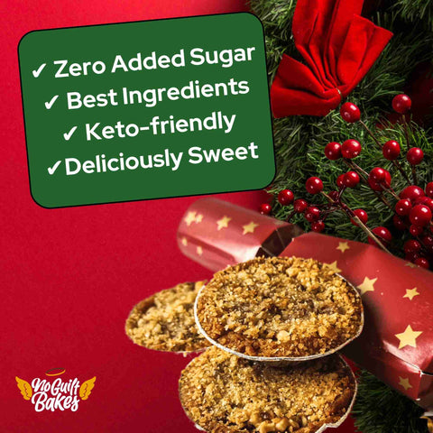 A Christmas cookie with the words "Keto Mince Pies | 6 | No Added Sugars | 2.7 Net Carbs | Low Carbs" made from the best ingredients by No Guilt Bakes.