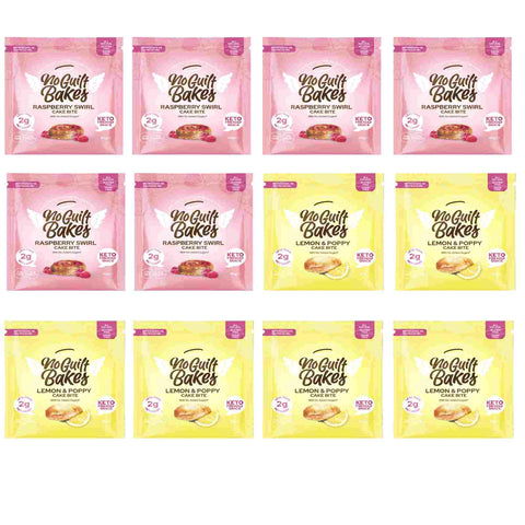 A group of packages with different flavors of cookies, including lemon & poppy seed and raspberry swirls from No Guilt Bakes' Fruity Variety Cake Bite Pack | Keto.