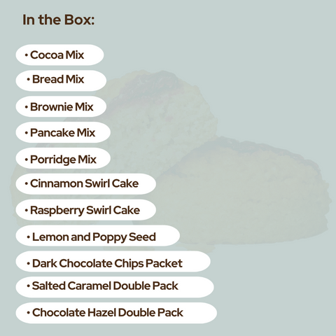 The Keto Starter Bundle by No Guilt Bakes includes Cocoa Mix, Bread Mix, Brownie Mix, Pancake Mix, Porridge Mix, Cinnamon Swirl Cake, Raspberry Swirl Cake, Lemon and Poppy Seed Cake, Dark Chocolate Chips Packet, Salted Caramel Double Pack, and Chocolate Hazel Double Pack.