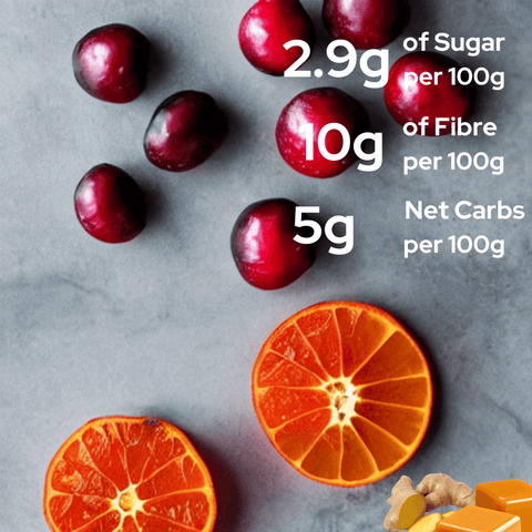 A festive Christmas Low Carb Fruit Loaf Cake - Gluten Free adorned with cranberries and oranges on a grey background from No Guilt Bakes.