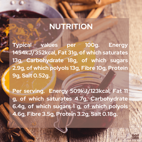 A nutrition label for a Low Carb Fruit Loaf Cake - Gluten Free with oranges and cinnamon by No Guilt Bakes.