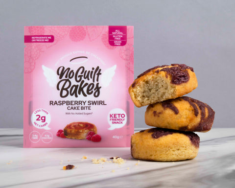 No Guilt Bakes' Raspberry Bakewell Swirl Keto Cake Bites are keto-friendly.